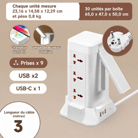 Multiprise tour verticale 3 étages avec USB lampe charge sans fil câble 3m blanc b23 3 27 9 14,5 × 12,5 × 23,5 cm 800 g – Livraison gratuite