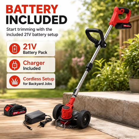 Ortviai – Coupe-bordures sans fil 21 V sur roues – débroussailleuse 3 en 1, moteur cuivre, 2 batteries 2 000 mAh, 3 jeux de lames – compatible pelouse, bordures et herbes hautes (1/5)