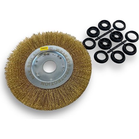 Brosse circulaire LAITON  Ø 200 mm  Epaisseur 1 rang  Fil dur 0.30 mm ondulé  Alésage 32 mm + réducteur bague 25/22/20/16/12 mm  Touret meuleuse affûteuse ponceuse  Kibros 218201LT
