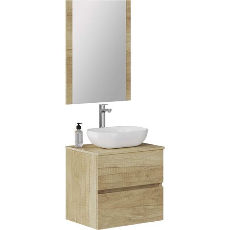 Meuble de Salle de Bain Onyx, 2 tiroirs, Suspendu au Mur, avec lavabo en céramique, Meuble monté, mélamine 16, Meuble F46 + Haut + lavabo + Miroir 60 cm Nature (1/5)