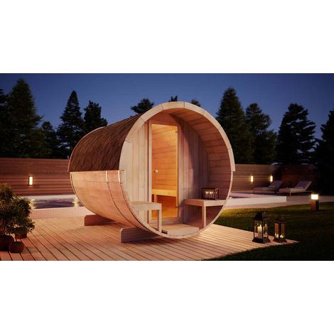 Finntherm – Sauna tonneau traditionnel 220 x 280 cm – Épaisseur de paroi 42 mm – Volume 8,4 m³ – Bancs en tremble et épicéa – Auvent couvert