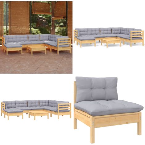 8-tlg. Garten-Lounge-Set mit Grauen Kissen Kiefer Massivholz - Gartengeräte - Lounge Möbel - Gartenmöbel Set - Kiefernholzmöbel - Outdoor Furniture - Home & Living (1/5)