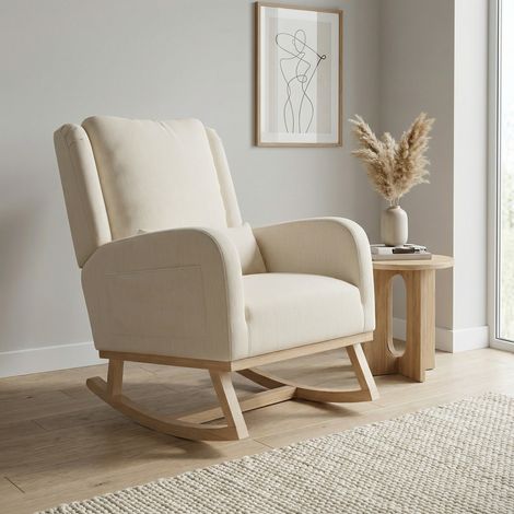 Rocking chair, 93x70x96cm, Fauteuil à bascule, Fauteuil de relaxation avec poches latérales et coussin, Lin, Design moderne, Beige