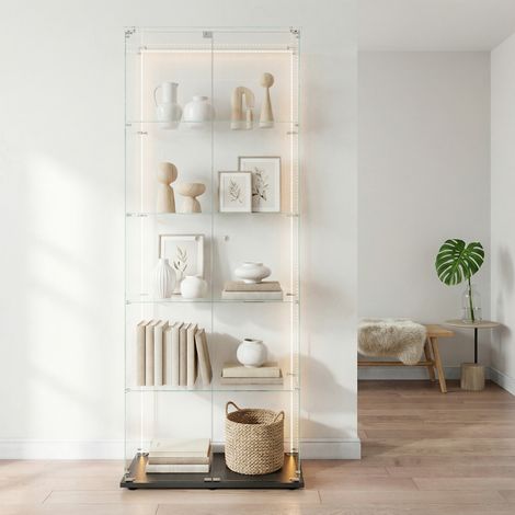 Vetrina collezionismo, Vetrina in vetro temperato, 5 ripiani, LED, 2 ante, armadio da esposizione, protezione antipolvere, per soggiorno, studio, moderno scandinavo, Nero, striscia LED (1/5)