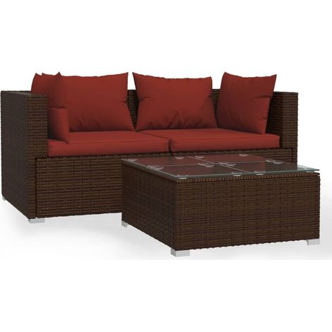 Set muebles de jardín 3 piezas y cojines ratán sintético marrón vidaXL (1/5)