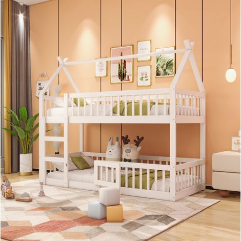 Cama alta infantil 90x200 de madera blanca OKMYHOME (1/5)