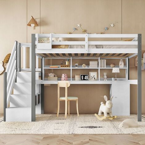 Lit mi-hauteur 90x200 cm pour adolescent avec bureau, étagères et coffre - blanc/gris, pin & MDF
