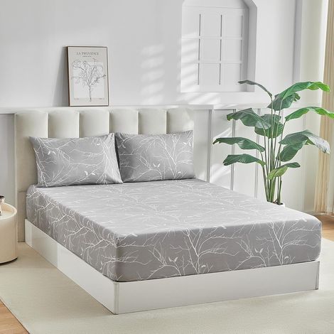 Drap-housse pour lit double avec 2 taies d'oreiller - Drap-housse doux en microfibre avec imprimé branches grises, profondeur 35 cm, 135 x 190 cm (s'adapte aux matelas jusqu'à (1/5)