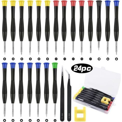 24PCS Mini Tournevis, Tournevis de Réparation Précision Lunettes PC PS4 Montre Bijoux Lunettes,Téléphone, 2 Pince à Épiler, Magnétiseur et Boîte de (1/4)