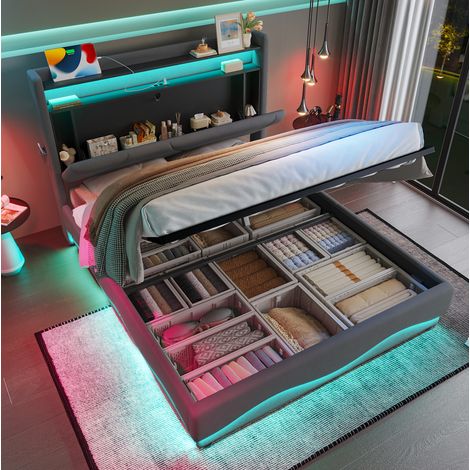 Letto imbottito in velluto grigio scuro 160x200 cm con LED, contenitore e rete a doghe con alzata a gas (1/5)