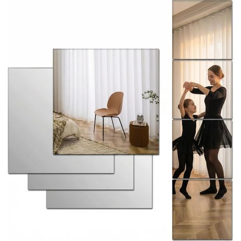 Lot de 4 carreaux de miroir muraux autocollants incassables en acrylique sans verre, sans danger pour les enfants, 2 mm d'épaisseur, facile à installer pour chambre à coucher et salle de bain (1/5)