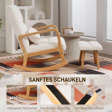 Fauteuil berçant blanc avec repose-jambes, housse en polaire, dossier surélevé, piètement bois, patins antidérapants (1/4)