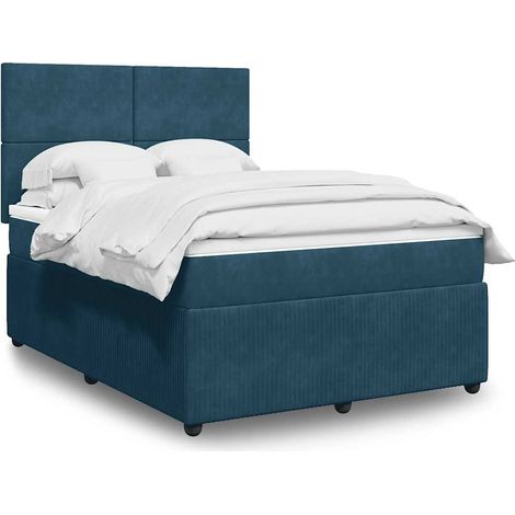 Lit 140x190 cm avec sommier à lattes, matelas à ressorts ensachés, surmatelas velours bleu avec éclairages LED réglables et tête de lit ajustable (1/5)