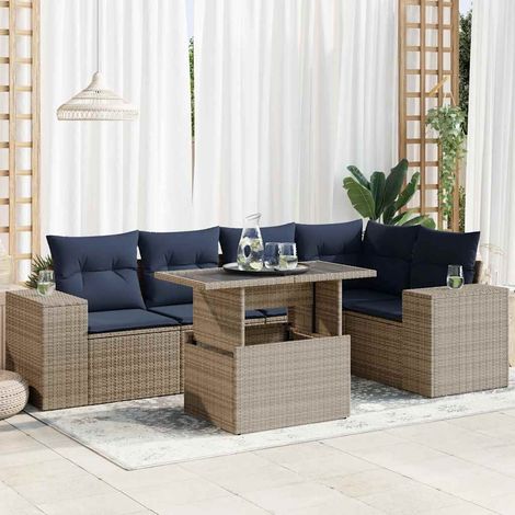 Salon de jardin 6 pièces avec table, résine tressée grise, coussins bleus - PANGIVO (1/5)