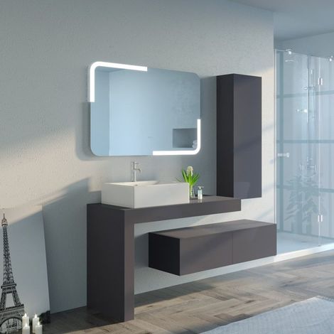 Distribain – Meuble de salle de bain 1 vasque en L 110 cm – Colonne de rangement 1 porte – MDF gris anthracite brillant – Miroir avec éclairage LED (1/5)
