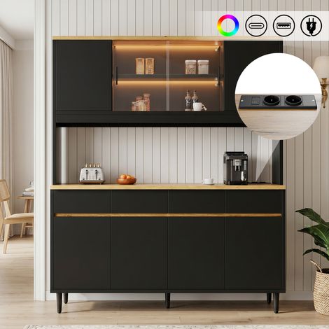 Buffet haut salle à manger 160 x 40 x 185 cm rangement multi niveaux LED RVB prises USB A C portes vitrées noir chêne (1/5)