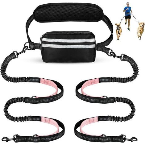 Laisse mains libres pour chien pour 2 chiens - Ceinture réglable avec pochette et support de taille absorbant - rose rose LAISSE (1/5)