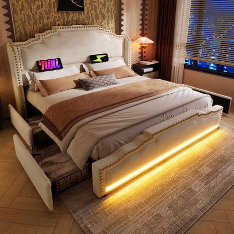 Lit rembourré 160×200, avec 4 tiroirs, éclairage led et port de charge usb-c, lit de rangement, velours, beige, sans matelas. (1/5)