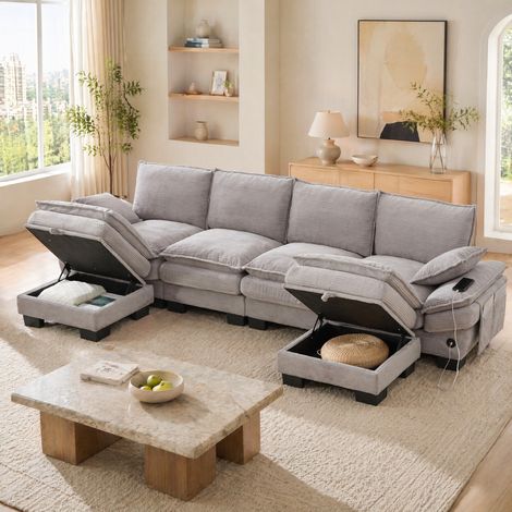 Canapé modulare 4 posti in tessuto corduroy grigio chiaro con 2 pouf, USB-C e contenitore, 330x132x84 cm (1/5)