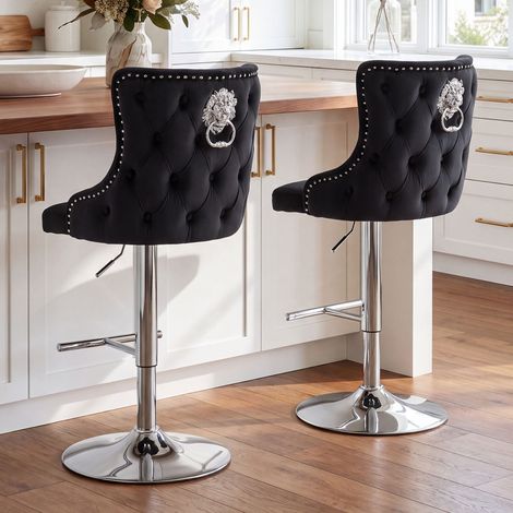 Wahson Set of 2 Velvet Bar Stools with Lion Knocker, Adjustable Height Swivel Counter Chairs with Backrest, Kitchen Island Stools for Home Bar, Pub & Dining Room, Black