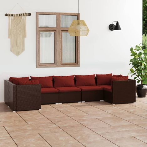 7-tlg. Garten-Lounge-Set mit Kissen Poly Rattan Braun (1/5)