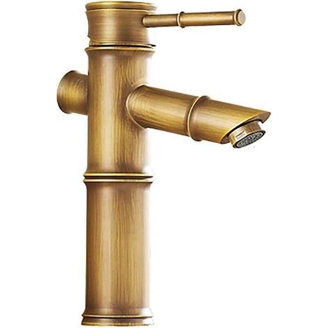 Grifo de cobre macizo, grifo de cocina retro antiguo, grifo de fregadero de bambú de un solo orificio, fregadero artístico, fregadero de encimera con grifo de agua fría y caliente. (1/5)