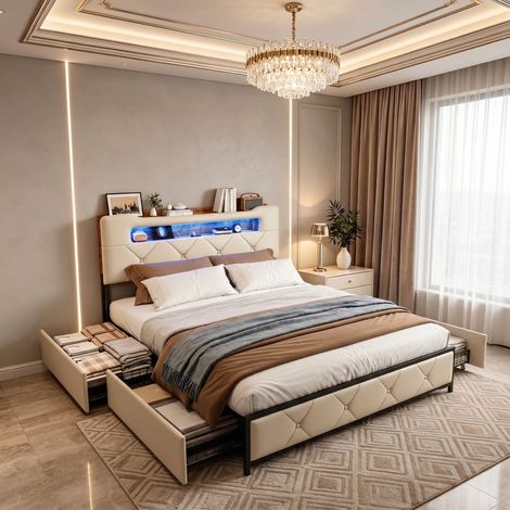 Letto contenitore 140x200 cm in velluto con cassetti, LED regolabile e USB, design moderno