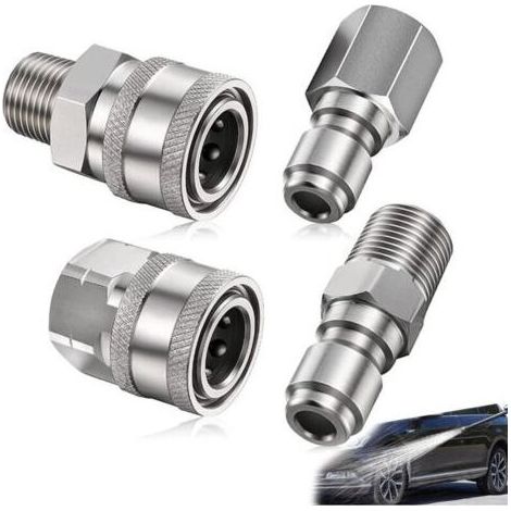 4 Pièces Coupleur de Nettoyeur Haute Pression, Pressure Washer Adapter Set, Adaptateur 1/4 Npt Pouces Mâle Femelle, en Acier Inoxydable, Pour Lance de Pulvérisation 5000 Psi (Argent) (1/5)
