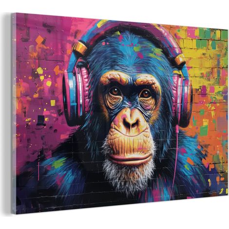 TABLEAU EN PLEXIGLAS Graffiti - Chimpanzé - Street art - Casque audio - Singe Tableau Décoration Murale 60x40 (1/5)