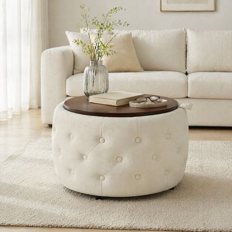 Lot de 2 poufs coffres ronds empilables en velours avec plateau en bois, 4 en 1, beige, OKWISH (1/5)