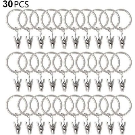 30 PCS Curtain Rings with Clips, Strong Drapery Clips, Hooks on Tension Rod Holder, Inner Diameter Metal Grommets Decorative Curtains Window Hangers, Silver (1/4)