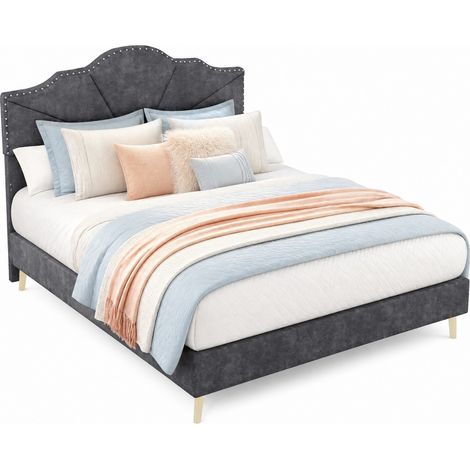 CHICFURN lit coffre bas gris tete de lit geometrique cloutee 140 x 200 (1/5)