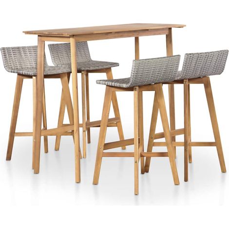 Ensemble bar extérieur 5 pièces en bois d’acacia et résine tressée marron et gris clair - PANGIVO (1/5)