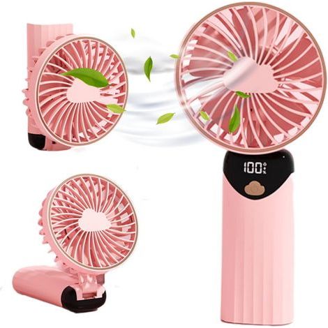 Ventilateur portable multifonction avec affichage numérique, 5 vitesses réglables, ventilateur de bureau pliable avec base stable pour cils, idéal pour le maquillage – couleur rose (1/5)
