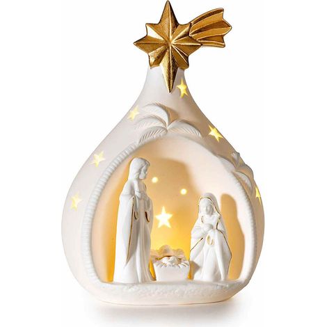 Presepe con Gesù Bambino e Sacra Famiglia con stella cometa in porcellana bianca con dettagli dorati e luci LED, cm 14 x 9 x 20 H