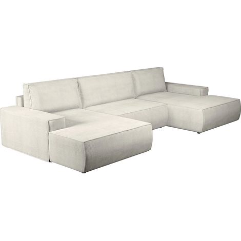Vente-Unique – Canapé d'angle panoramique convertible 7 places en velours côtelé beige – Coffre de rangement – Longueur 358 cm – Fabrication éco-responsable (1/5)