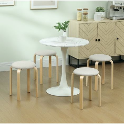 Lot de 4 tabourets empilables en bois aspect lin blanc crème, 40 x 40 x 45 cm (1/5)