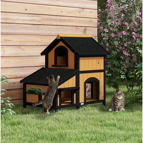 Casetta per gatti da esterno in legno, 2 livelli, tetto asfaltato, 96x65x85,5 cm