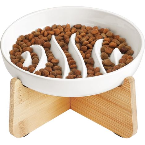Gamelle Anti Glouton Chat Céramique Surélevée Bambou Support, Anti Vomissements, Manger Lentement, Aliment Sec Humide (Blanc, Poisson) (1/4)