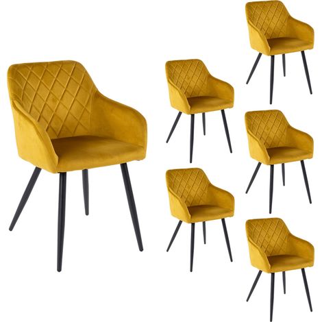 M&S – Lot de 6 chaises en velours moutarde 59x56x82 cm – Rembourrage confortable – Structure en métal noir – Design chic et tendance
