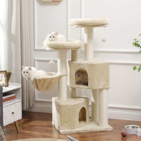 Msmask – Arbre à chat stable avec griffoir en sisal – 2 plateformes d'observation – Couleur beige – Fixations anti-basculement incluses