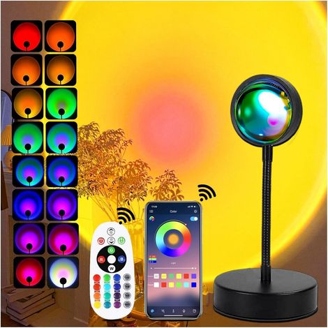 Lampe de coucher de soleil rotative à 360 ° - Avec application et télécommande - Lampe de projection de coucher de soleil - 16 couleurs - Pour selfie - Décoration esthétique [Classe énergétique F] (1/5)