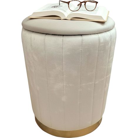 Relaxdays : pouf en velours, pouf avec rangement, rembourré, H x P : 42 x 32 cm, pouf d'appoint rond, salon, beige (1/5)