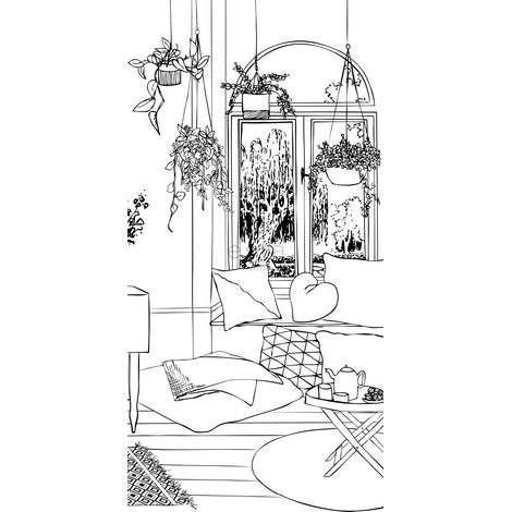 papier peint panoramique dessin d'un salon noir et blanc - ESTAhome (1/5)