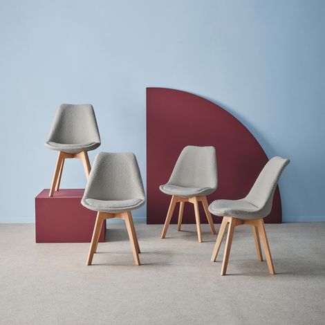 Lot de 4 chaises scandinaves revêtement bouclette texturée gris clair. pieds bois de hêtre - Nils (1/5)