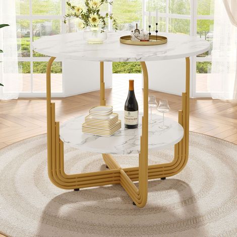 Table à manger ronde pour 4 à 6 personnes, avec étagère ronde, placage marbre, pieds réglables, MDF, 80×80×76 cm, blanc + or (1/5)