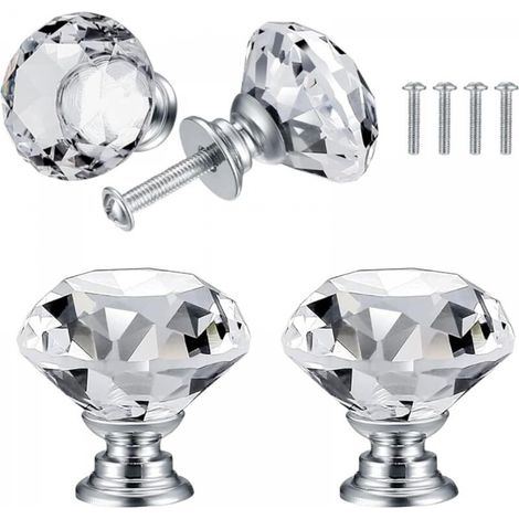 4 pièces (2,52,52,4 cm) poignées de porte en cristal blanc, poignées de meubles en diamant, poignées d'armoire, poignées décoratives (1/5)