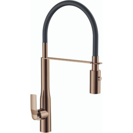 Paini France – Mitigeur de cuisine bec haut en gold rose – Douchette extractible 2 jets – Hauteur sous bec 15 cm – Rotation 360° (1/4)