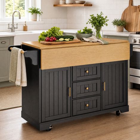 Isola cucina allungabile 120 x 40(80) x 95 cm con ruote, 3 cassetti, 2 ante, nera HAVRYA (1/5)