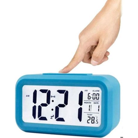 1 réveil numérique silencieux et lumineux avec date, température, heure et fonction snooze (bleu) (1/5)